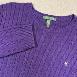 Ralph Lauren Sweater Women’s XL Purple Cotton Cable Knit Crewneck Pullover Logo